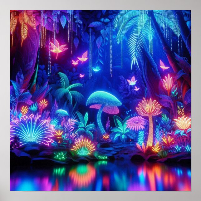 Poster Floresta Tropical Neon Bioluminescente Encantada (Frente)