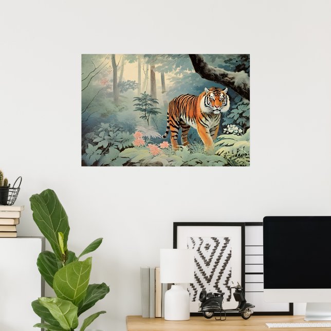 Poster Floresta Tropical Selvagem Tiger Vintage (Escritório em casa)