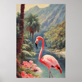 Poster Floresta tropical Vida Selvagem Rosa Flamingo Vint