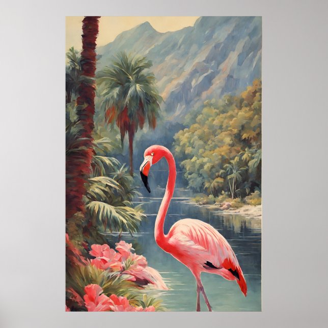 Poster Floresta tropical Vida Selvagem Rosa Flamingo Vint (Frente)