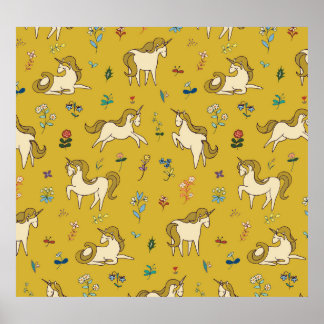 Poster Floresta Unicórn: Padrão Floral Vintage