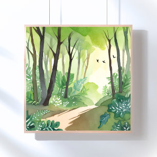Poster Floresta Verde Florescente Aquarela da Natureza