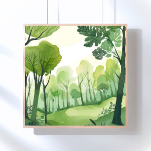 Poster Floresta Verde Paisagem em Aquarela Arejada