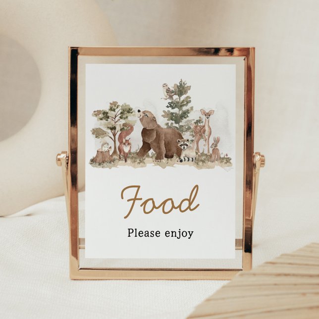 Poster Florestas Aventuram Comida Chá de fraldas (Adventure Awaits Woodland Animals Baby Shower Food Sign)