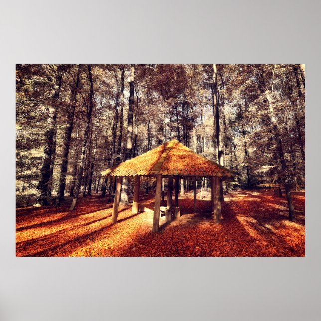 Pôster Florestas de outono e chalé (Frente)