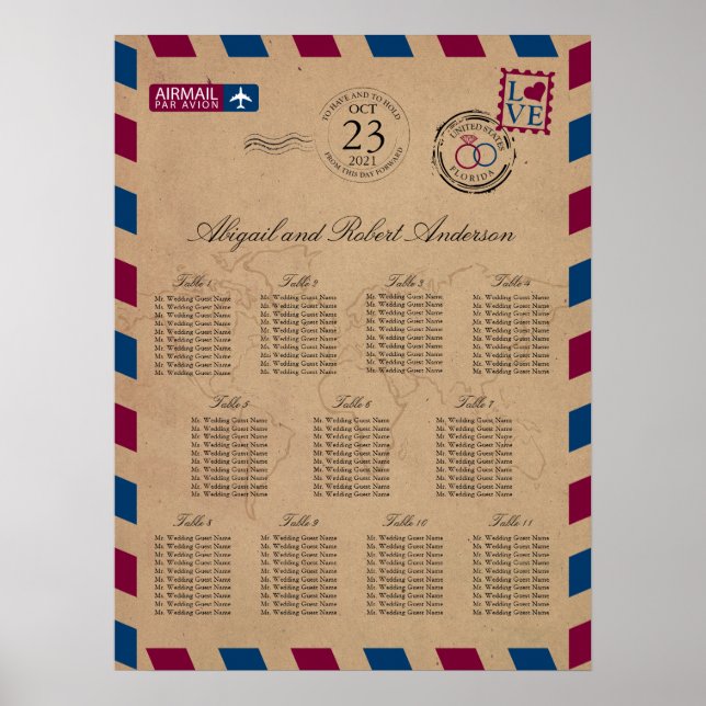 Poster Florida Airmail Wedding Guest Seating Chart (Frente)