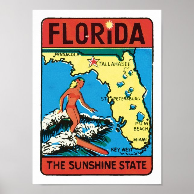 Poster Flórida FL USA O Surfista De Vintagem Do Estado Do (Frente)