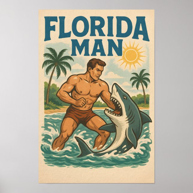 Poster Florida Man Coastal Shark Wrestler Retro Beach Art (Frente)