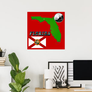 Poster Florida Map, Picture Text and State Faux Quarter