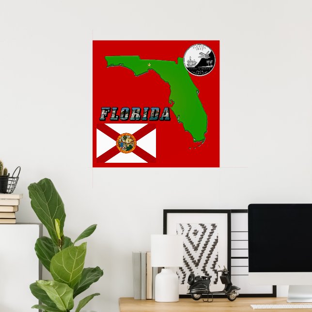 Poster Florida Map, Picture Text and State Faux Quarter (Escritório em casa)