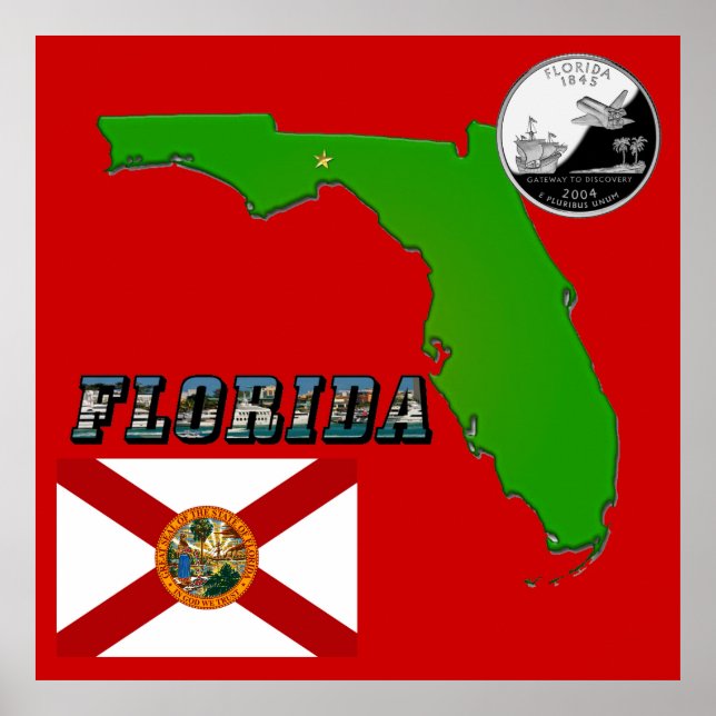 Poster Florida Map, Picture Text and State Faux Quarter (Frente)