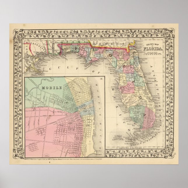 Pôster Florida, Mobile Map by Mitchell (Frente)