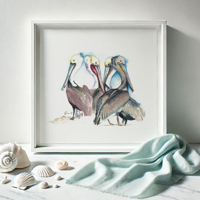Poster Flórida Watercolor Pelican Art (Beach art for living rooms watercolor pelicans by Victoria Grigaliunas of Do Tell A Belle)