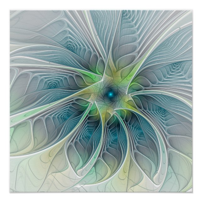 Pôster Flourando Fantasia Moderna Azul Flor Fractal Verde (Frente)