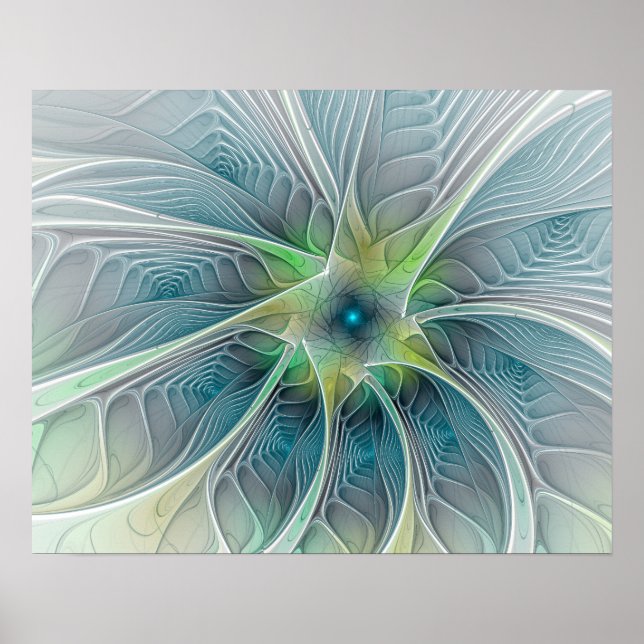 Pôster Flourando Fantasia Moderna Azul Flor Fractal Verde (Frente)