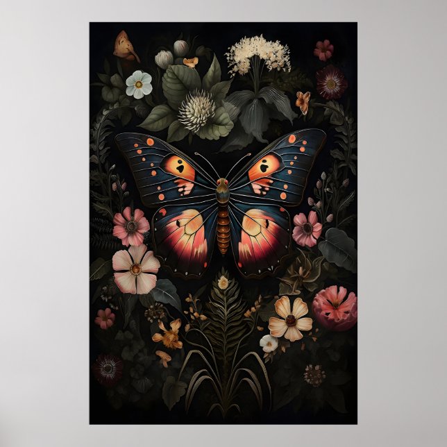 Poster Flower Dark Butterfly, Moody Moth Wall Print (Frente)