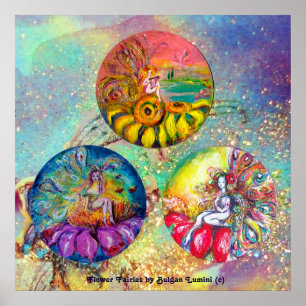 PÔSTER FLOWER FAIRY TALES IN BLUE GREEN GOLD SPARKLES