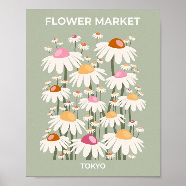 Poster Flower Market Tokyo Retro Daisies Sage Green (Frente)