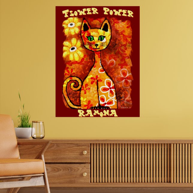 Poster Flower Power Retro Whimsical Cat Personalized (Sala de Estar 2)
