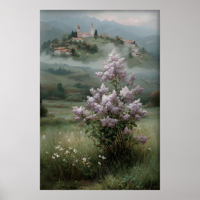 Poster Flowering Tree Lilac Print, Antique Spring Field (Frente)