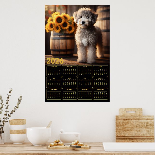 Poster Fluffy Goldendoodle com Girassóis – 2026 Rústico  (Cozinha)