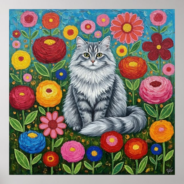 Poster Fluffy Gray Striped Cat with Folk Art Flowers (Frente)