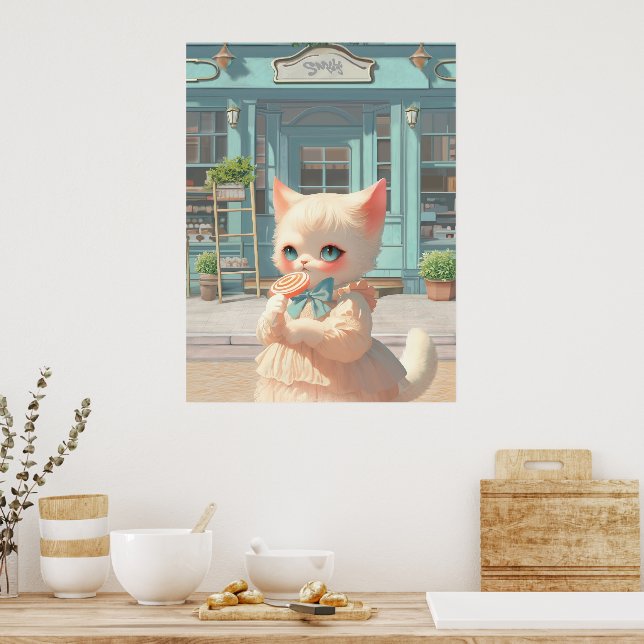 Poster Fluffy Kitten com Lollipop no Compro de pastelaria (Cozinha)