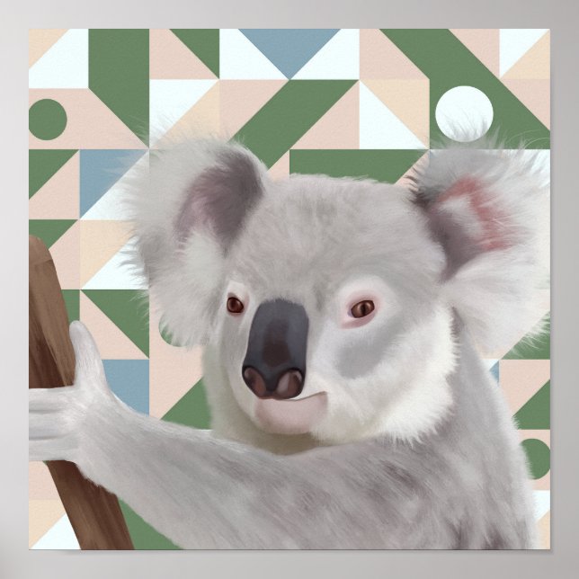 Poster Fluffy Koala Green Fundo Geométrico (Frente)