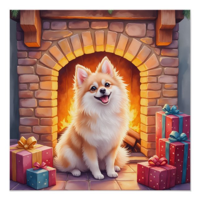 Pôster Fluffy Pomeranian Cozy Christmas Fireplace Dog Art (Frente)