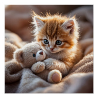 Pôster Fluffy red kitten playing with a tiny teddy bear, 