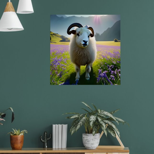 Poster Fluffy Sheep field of purple flowers  (Sala de Estar 1)