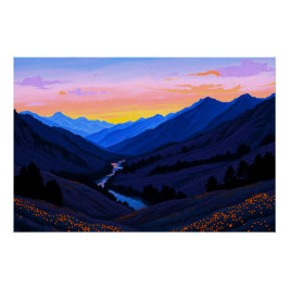 Pôster Fluss bei Berghügel am Sonnenuntergangs Abend