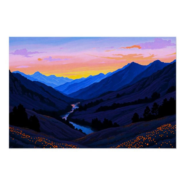 Pôster Fluss bei Berghügel am Sonnenuntergangs Abend (Frente)