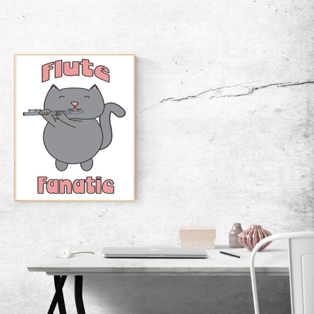 Poster Flute Fanatic Pink Gray Cat Funny (A poster featuring a gray cat playing the flute and the words Flute Fanatic in pink)