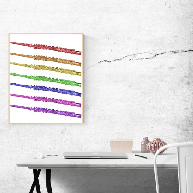 Poster Flutes Coloridos Arco-íris (A poster of colorful flutes in red, orange, yellow, green, blue, pink and purple)