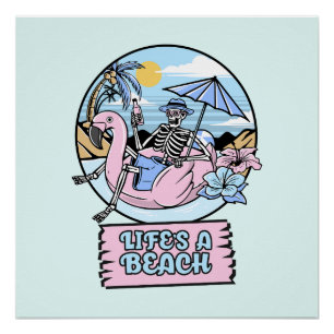 Pôster Flutuador de Flamingo Esqueleto na Praia da Vida