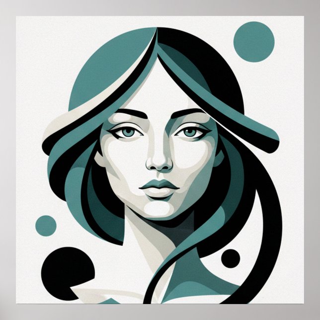 Poster Fluxo Celestial: Retrato Minimalista em Teal (Frente)