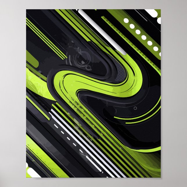 Poster Fluxo de abstrato com linhas verdes e pretas (Frente)