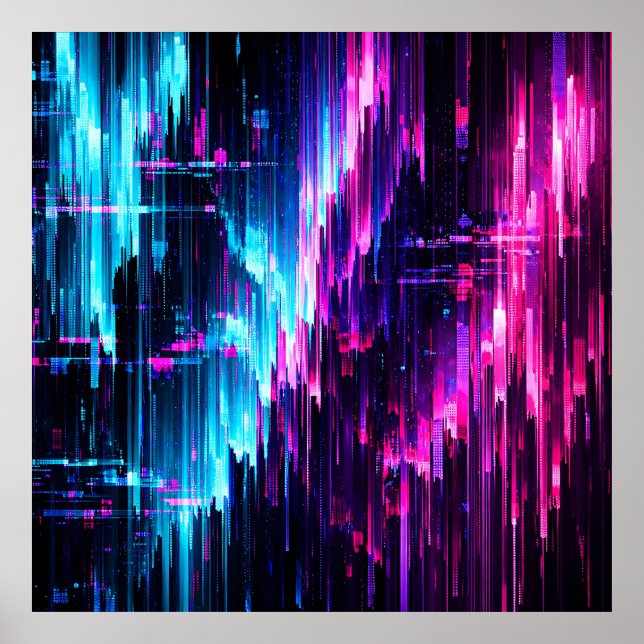 Poster Fluxo de Dados de Glitch Neon Abstrato (Frente)