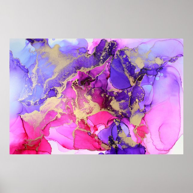 Poster Fluxo de Tinta Dourada Rosa Púrpura Deluxe. Camada (Frente)