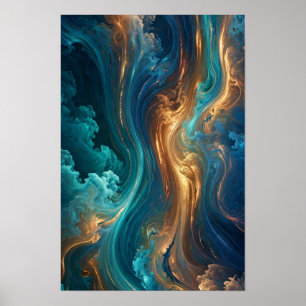 Poster Fluxo Dourado Oceânico - Abstrato em Turquesa e Co
