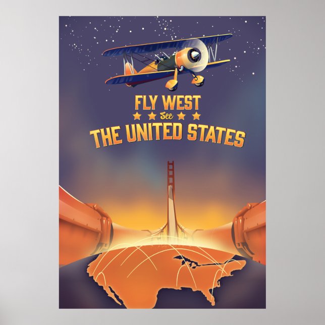 Poster Fly West, veja os Estados Unidos. (Frente)