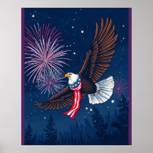 Flying Bald Eagle with USA Flag Scarf & Fireworks