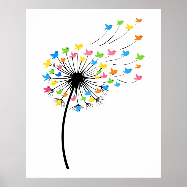 Poster Flying colorful birds dandelion flow (Frente)