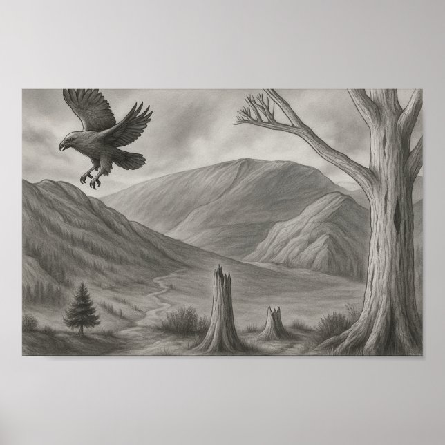Poster Flying Free – Monochrome Wilderness Sketch Art (Frente)