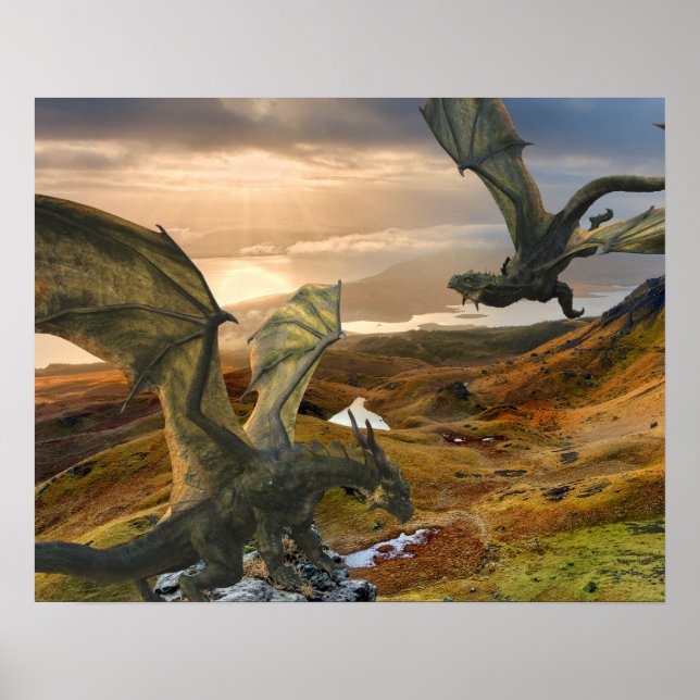 Poster Flying Green Dragon Fantasy Mountains (Frente)