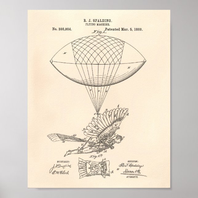Pôster Flying Machine 1889 Patent Art - Old Peper (Frente)