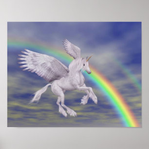 Poster Flying Unicorn Over Rainbow Fantasy Horse