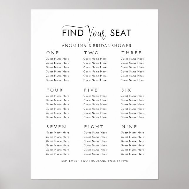 Poster Foam Boards Seating plan 9 tables Bridal Shower (Frente)
