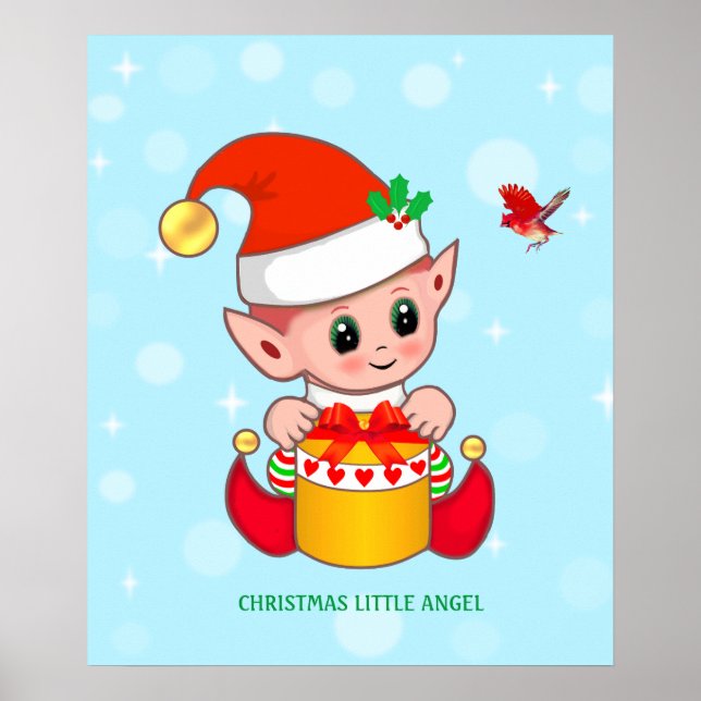 Poster Fofa pequena elfa de Natal & passarinho vermelho (Frente)